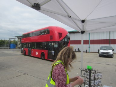 A visitor from London calls at the Junction Ten gazebo at packing -up time.