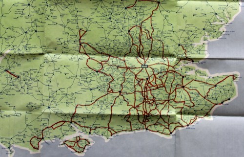 My copy of the map with my 'Wanderbus' journeys lined in red. All of these were completed as days out from Crawley.
